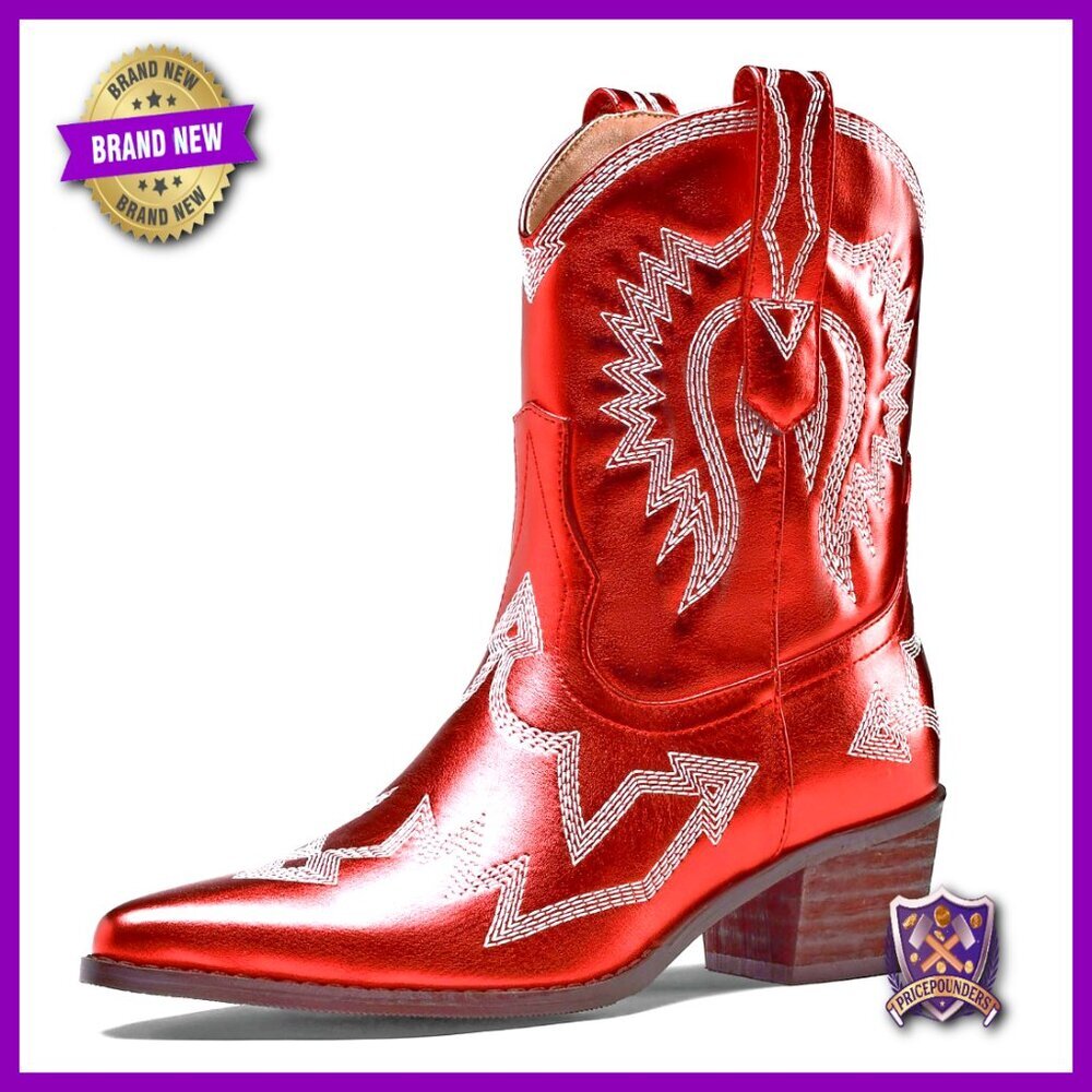 Embroidered Metallic Ankle Western Boots Pointed Toe Chunky Heel Cowgirl